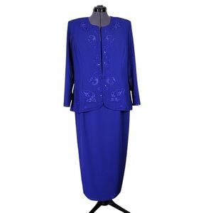 R&M Richards Karen Kwong Maxi Jacket Dress Size 18W Blue Beaded Sequins Tailcoat